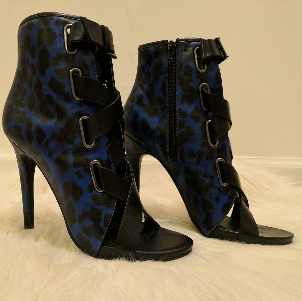 Blue Leopard Peep Toe Booties - Picture 2 of 4